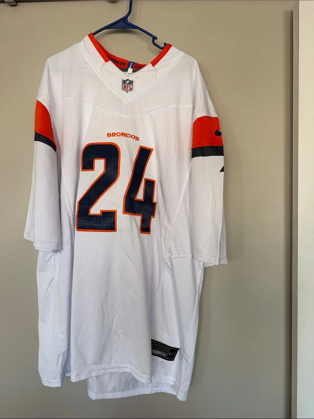 Nike White and Orange Denver Broncos #24 Football Jersey Champ Bailey.